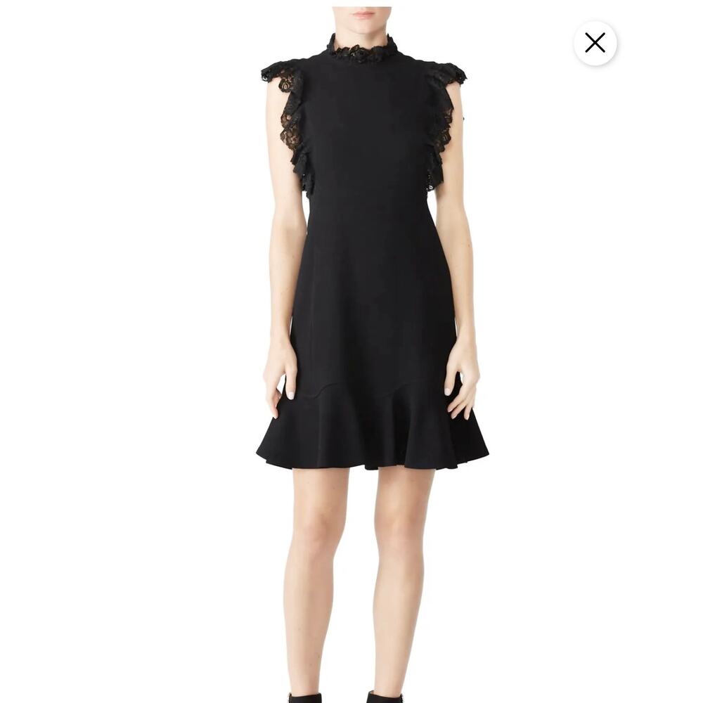 Rebecca Taylor Black Pointelle Knit Lace Trim Mock Neck Sweater Dress Size M